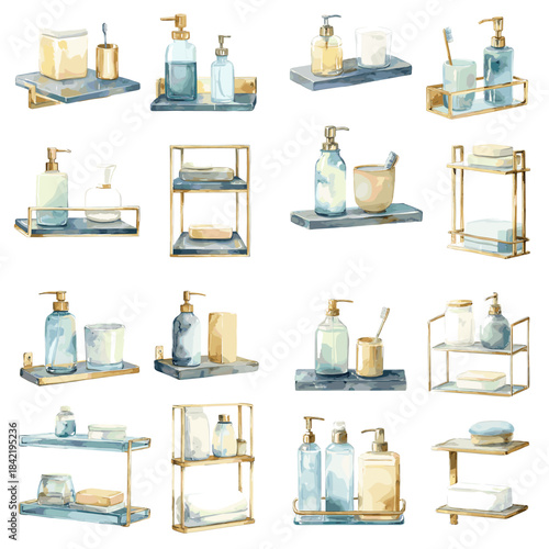 Bathroom shelf and soap dispenser illustration set with glass bottles trays and accessories in clean pastel style for hygiene home decor and interior design.