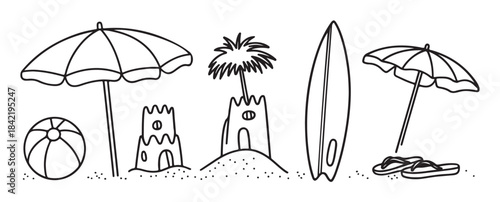 Hand drawn summer beach essentials line art collection with umbrella sandcastle surfboard flip flops vector