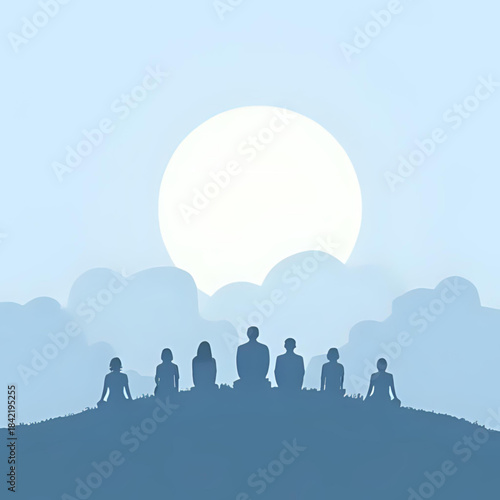 Group meditation session under a large, soft sun with silhouetted figures meditating on a hill, creating a serene and mindful atmosphere