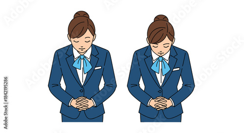 Set of illustrations showing a Japanese woman in a professional blue uniform bowing deeply to express respect and welcome.