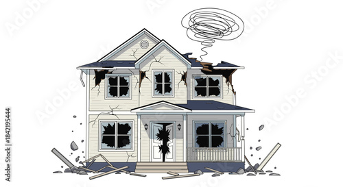 Vector illustration of a two-story house destroyed by a natural disaster with broken windows cracked walls and debris.