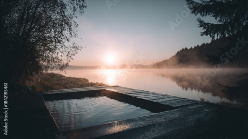 cold plunge tub outdoors at sunrise, soft mist over water, peaceful breathwork atmosphere, minimalist nature scene