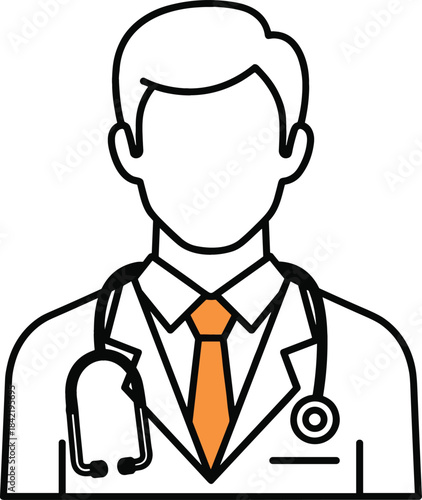 Minimalist line art vector icon illustration of a male doctor or physician wearing a stethoscope and professional uniform