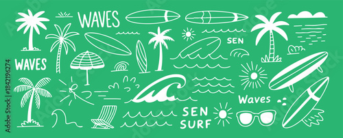 Summer vacation doodle set, white on green hand drawn beach and surf elements, tropical travel vector collection