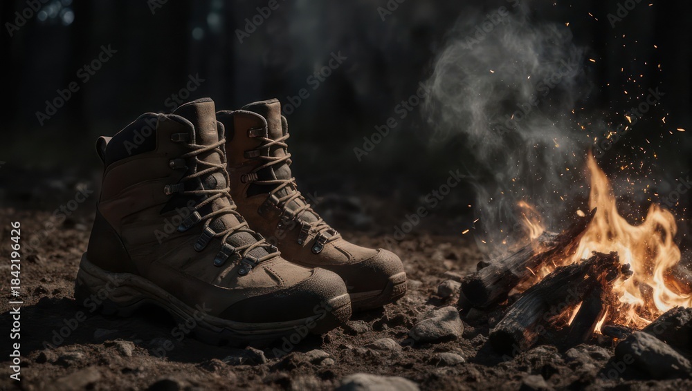Fototapeta premium Hiking boots by a campfire in the woods.