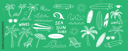 A collection of hand drawn summer beach and surf doodle elements with palm trees waves sun and surfboards