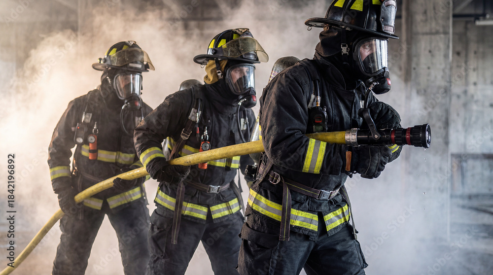 Fototapeta premium Three Firefighters Advancing with Hose Line