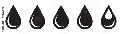 Black water drop icons set isolated on white background, liquid teardrop silhouette, various shape droplet graphic