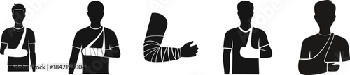 Injury and Accident Silhouette. A series of silhouette figures illustrating different arm injuries and bandaging techniques, showing various positions of support and immobilization.