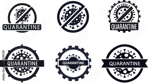 Infectious Disease Silhouette. Six quarantine-themed black and white badges featuring virus symbols, conveying health safety and prevention messages.