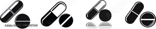 Medicine and Treatment Silhouette. A collection of pill and capsule icons in black and gray, showcasing various designs and arrangements for pharmaceutical representation.