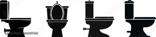 Three silhouettes of toilets in various designs, showcasing different shapes and styles commonly found in bathrooms.