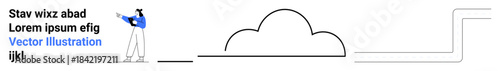 Character in casual clothing holding a device, near decorative cloud and line elements. Ideal for technology, connection, cloud storage, simplicity, modernity, creativity, simple landing page