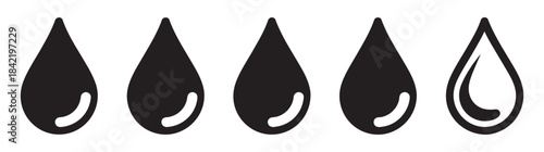 Set of five black water drops or oil droplets icons showing various levels of liquid isolated on white background
