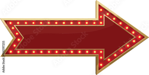 Retro Marquee Arrow Sign with Red Face and Glowing Gold Light Bulbs, Indicating Direction, Advertisement, and Theater Style Vector