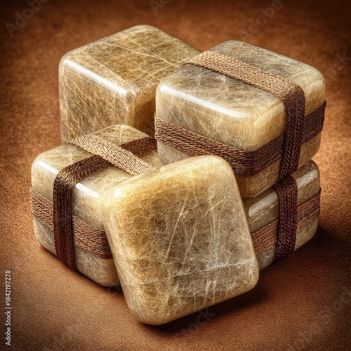 A close up of four square golden gifts tied with decorative brown ribbons, set against a textured brown surface.
