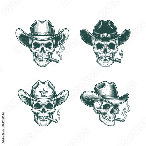 Cowboy skull with hat smoking cigar collection set, Vintage sketch engraving style tattoo flash art.