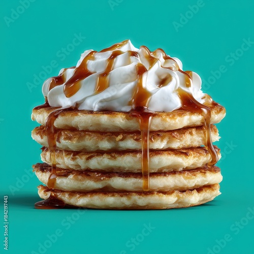 A close up studio shot features a stack of fluffy golden brown pancakes, generously topped with swirls of white whipped cream and drizzled with sticky caramel sauce against a solid teal backdrop.