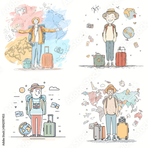 Travel illustration set featuring male character with suitcase map globe and journey elements ideal for tourism adventure vacation and lifestyle storytelling.