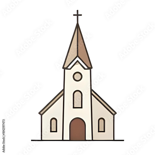 A simple, stylized illustration of a white church with a pointed steeple and bell tower, perfect for religious or community-themed designs