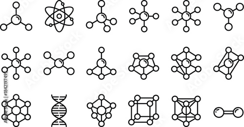 Molecular structure icons, atomic models, DNA helix, chemical bonding, molecule geometry, science symbols, chemistry vector set, black line