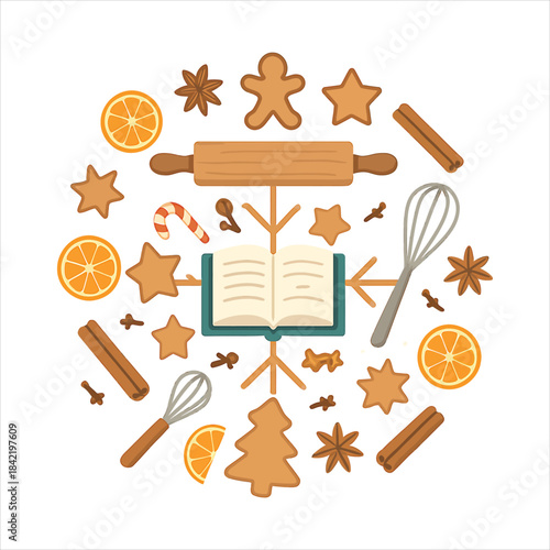 Christmas Baking Recipe Illustration with Gingerbread Cookies and Spices