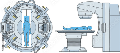 Technical Illustration of Patient Undergoing Radiation Therapy, MRI, or Medical Scanning, Showing Advanced Oncology and Diagnosis Technology Vector