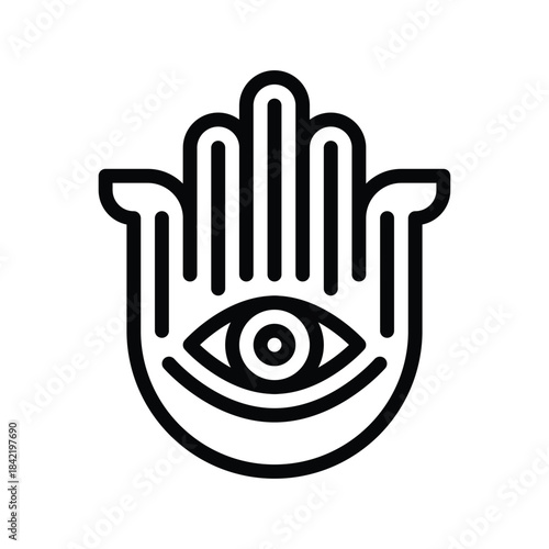A minimalist black and white icon of the Hamsa hand, also known as the Hand of Fatima, featuring an eye in the palm.