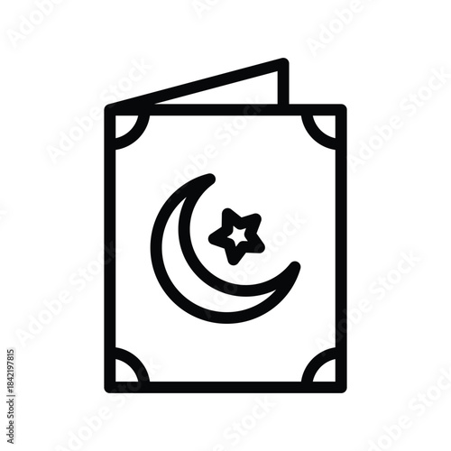 A simple line art icon representing an Islamic book, featuring a crescent moon and star symbol.