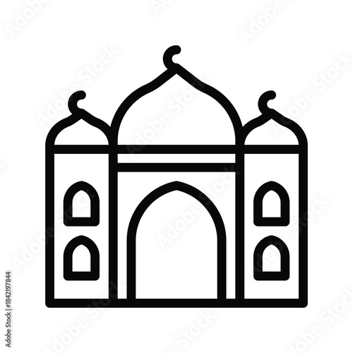 A simple black and white line drawing icon representing the Taj Mahal, a famous monument.