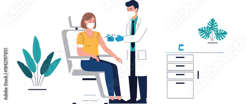 Flat Illustration of a Doctor Giving a Patient a Vaccine or Flu Shot, Highlighting Public Health, Immunization, and Medical Treatment