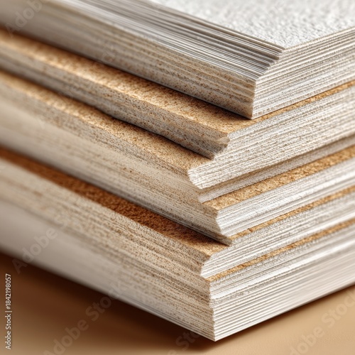 A close up studio shot of a stack of white textured paper with gold edges against a neutral background.