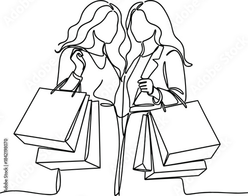 Continuous Line Drawing of Two Happy Women Friends Holding Shopping Bags, Illustrating Retail Therapy, Lifestyle, Discount, and Consumerism