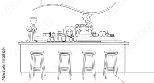 Continuous Line Drawing of Modern Coffee Shop Bar with Espresso Machine, Grinder, Cups, and Stools, Representing Cafe Culture Vector
