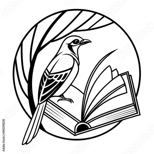 Art deco bird perched on an open book amidst stylized nature elements