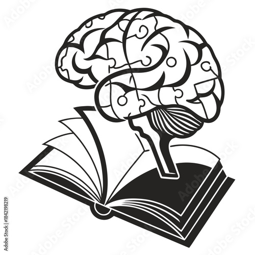 Brain emerging from an open book symbolizing knowledge and learning