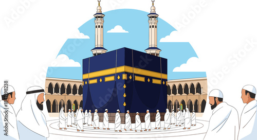 Islamic Hajj Pilgrimage Vector Illustration: Muslim Believers Performing the Tawaf Ritual Around the Holy Kaaba in Mecca, Saudi Arabia