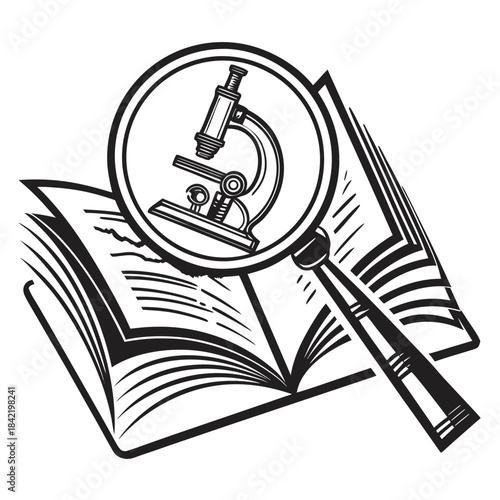 Microscope and magnifying glass over open book illustration