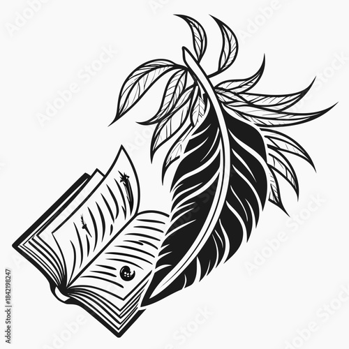 Open book with feather and leaves illustration