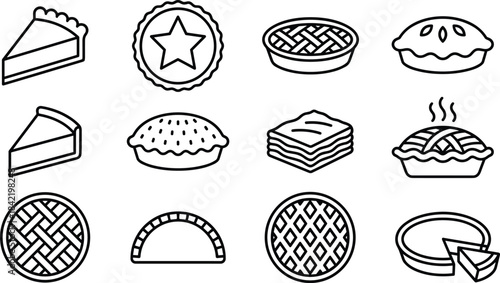 Pie icons, baked goods vector, pastry slices, crust designs, dessert illustration, hand pies, black outline food symbols