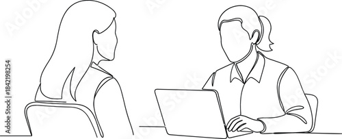 Continuous Line Drawing of Two Business People in an Interview or Meeting, Discussing Data and Working on a Laptop Computer