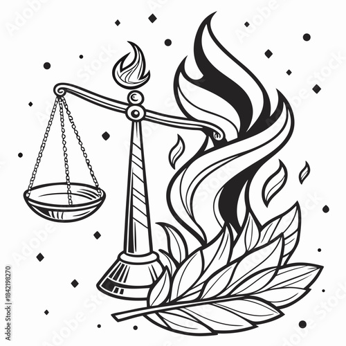 Scales of justice ignited by flames and laurel leaves