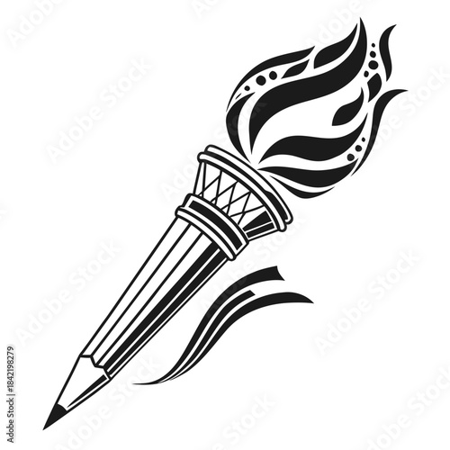 Stylized pencil torch with abstract flames and swirls