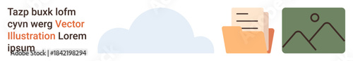 Cloud storage, file organization, data sharing, digital management, online access, information technology. Simple graphics of a cloud, folder with papers and photo icon. Cloud storage and file