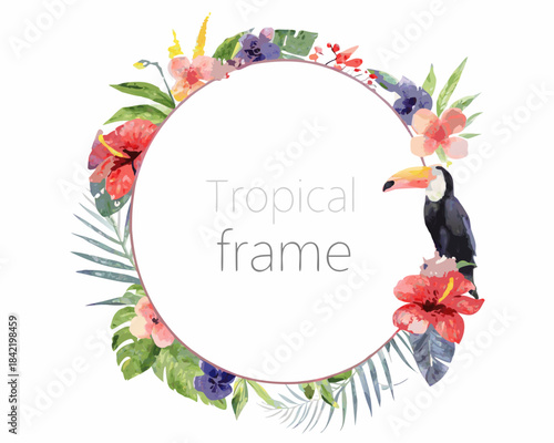 Watercolor tropical frame with toucan hibiscus and lush green foliage