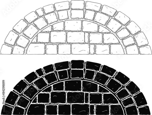 Set of two semi-circular stone or cobblestone arch pavement designs, depicted in detailed black silhouette and a classic black line art outline vector