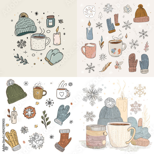 Cozy winter hygge illustration set with warm drinks knitted clothes snowflakes and home comfort elements in soft pastel style.