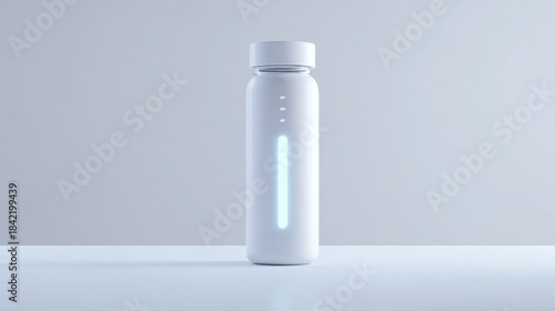 futuristic smart water bottle with glowing hydration level, clean white surface, soft ambient light, minimalist tech wellness