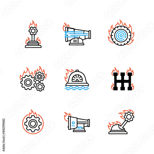 Abstract icon set of mechanical elements and technological devices