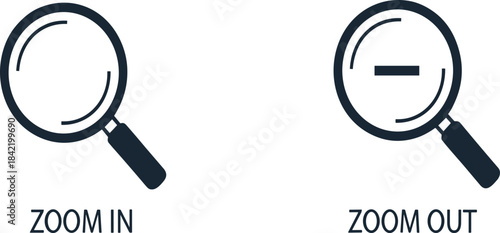 Zoom in zoom out icon set magnifying glass UI control search adjust inspection vector